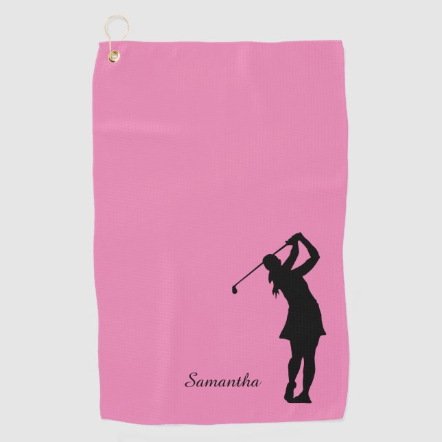 Toalla De Golf Lady Golfer Silhouette Black Pink Monograma (Anverso)