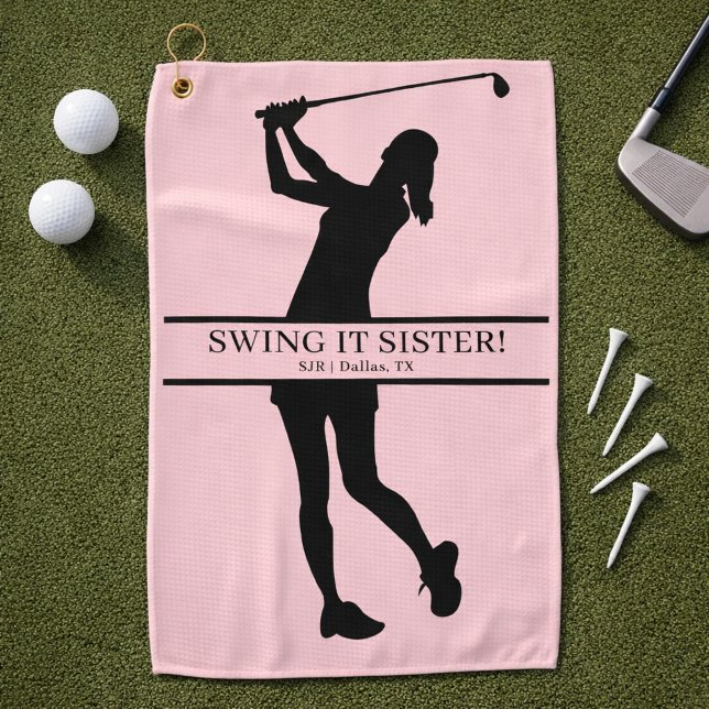 Toalla De Golf Lady Golfer Silhouette Personalized Monogram (Personalize with initials, city, state.  Change the phrase too, if you wish)