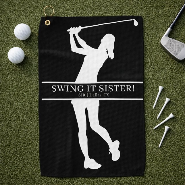 Toalla De Golf Lady Golfer Silhouette Personalized Monogram  (Personalize with initials, city and state)