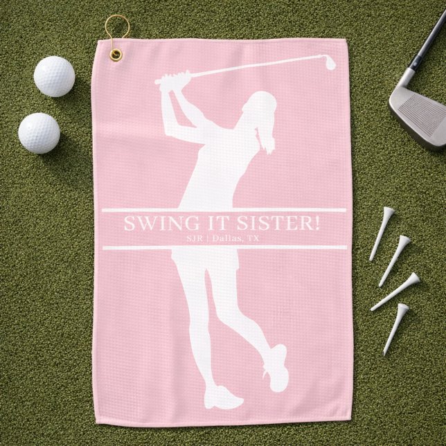 Toalla De Golf Lady Golfer Silhouette Personalized Monogram (Add initials, city, state to personalize,  Change caption too, if you wish)