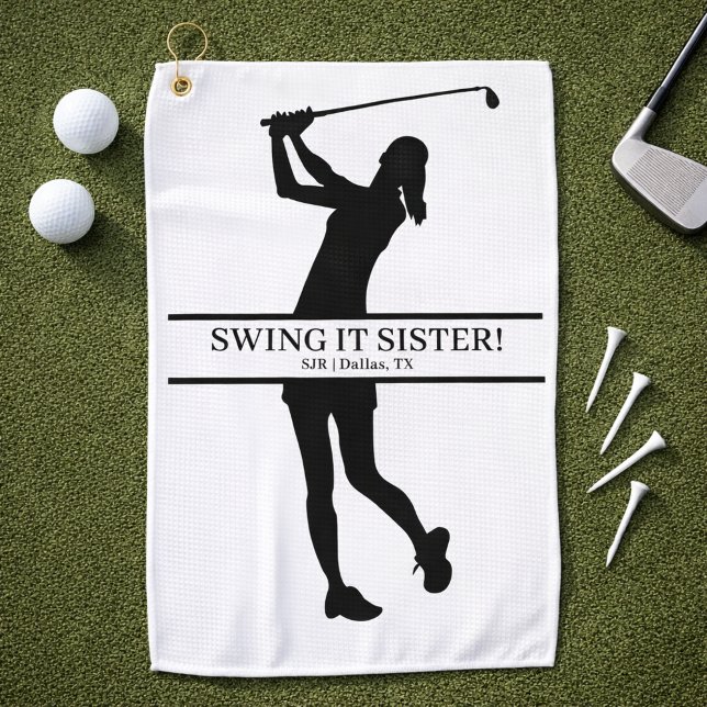 Toalla De Golf Lady Golfer Silhouette Personalized Monogram (Personalize with initials, city state.  Change the caption too, if you wish)