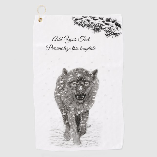 Toalla De Golf Lobo negro enojado en la nieve, invierno salvaje (Anverso)