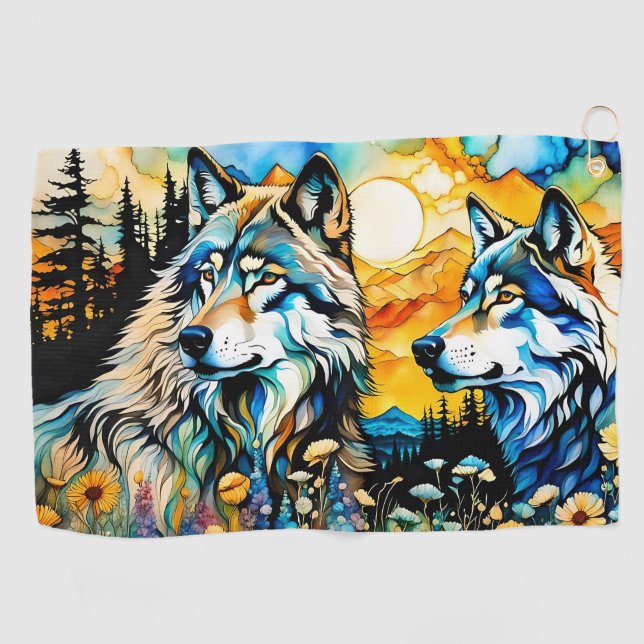 Toalla De Golf Lobos grises y flores silvestres (Horizontal)
