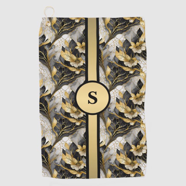 Toalla De Golf Marbleized Floral Gold & Black Personalizado (Anverso)