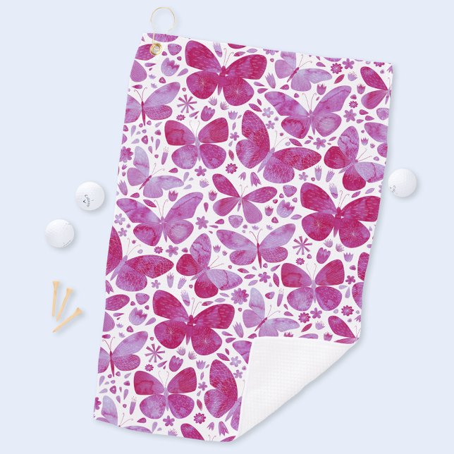 Toalla De Golf Mariposa acuarela Magenta rosa caliente (Hot magenta pink and white watercolor butterfly pattern art golf towel)