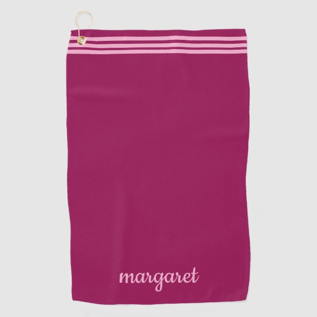 Toalla De Golf Maroon Dusky personalizado con bandas rosadas (Anverso)