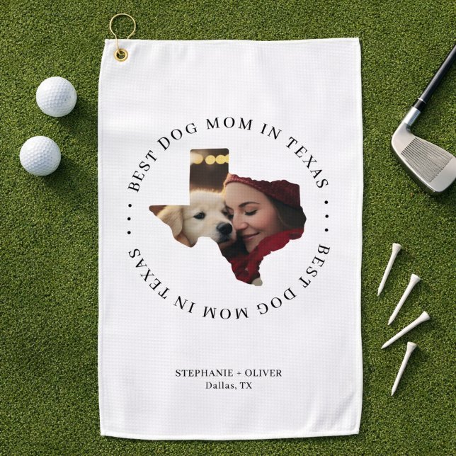 Toalla De Golf Mejor Mamá de Perro en Texas Foto Personalizada (Personalize with photo, names, and city location.  )