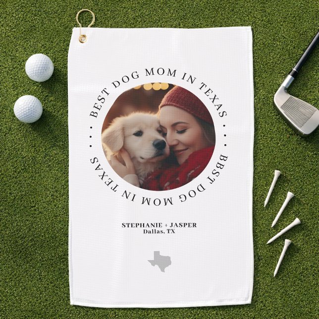 Toalla De Golf Mejor Mamá Perro en Texas Foto Personalizada (Personalize with photo, names (dog mom & dog), city / location)
