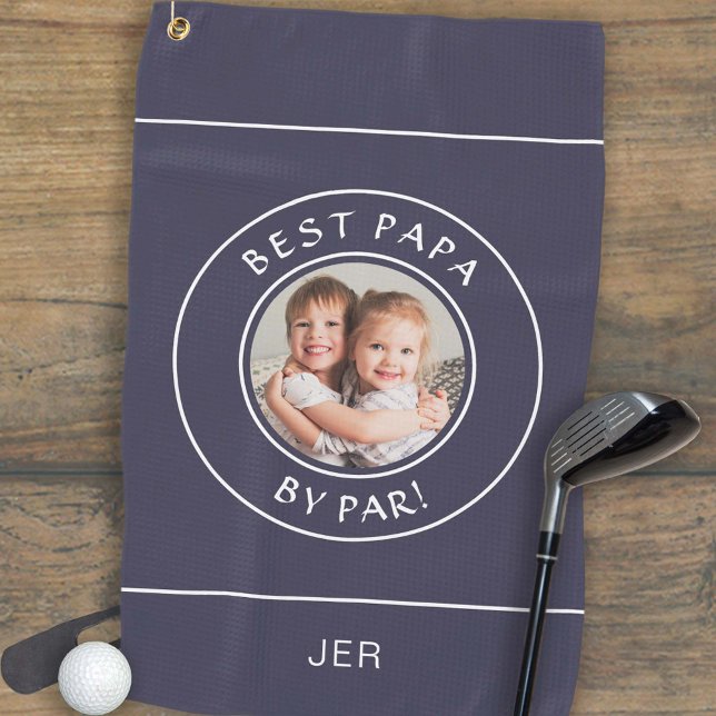 Toalla De Golf Mejor Papa De Par Golfer Personalizado Moderno Fot (Best Papa By Par Golfer Modern Custom Photo Blue Golf Towel)