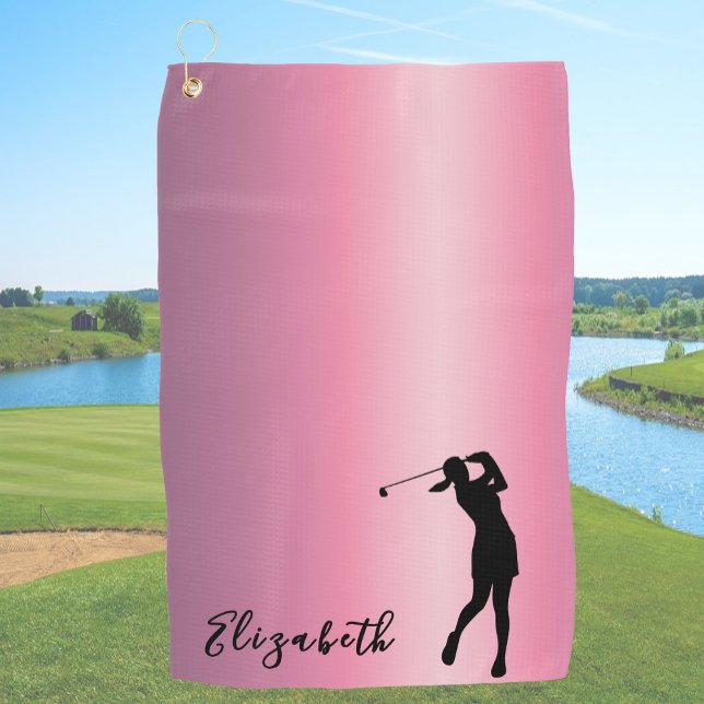 Toalla De Golf Modern Pink Metallic Look Lady Golfer Custom Name (Subido por el creador)