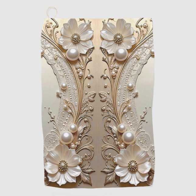 Toalla De Golf Modern White Flowers Pearls Golf Towel (Anverso)