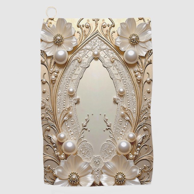 Toalla De Golf Modern White Flowers Pearls Golf Towel (Anverso)