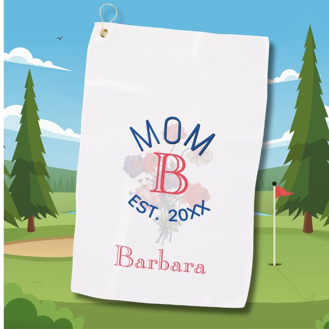 Toalla De Golf MOM Est. 20XX Flowers Monogram Name (Subido por el creador)