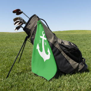 Toalla De Golf Monograma de ancla verde y blanca