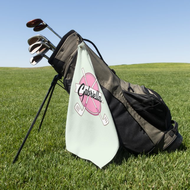 Toalla De Golf Monograma de clubes de golf personalizados rosados (Verde)