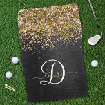 Toalla De Golf Monograma de espuma negra Purpurina de oro persona<br><div class="desc">Personalice fácilmente este elegante diseño de toallas de golf de moda con un purpurina espumoso de oro de bonito sobre un fondo metálico negro cepillado.</div>