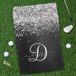Toalla De Golf Monograma de espuma negra Purpurina plateado perso<br><div class="desc">Personalice fácilmente este elegante diseño de toallas de golf de moda con un purpurina espumoso de plata de bonito sobre un fondo metálico negro cepillado.</div>