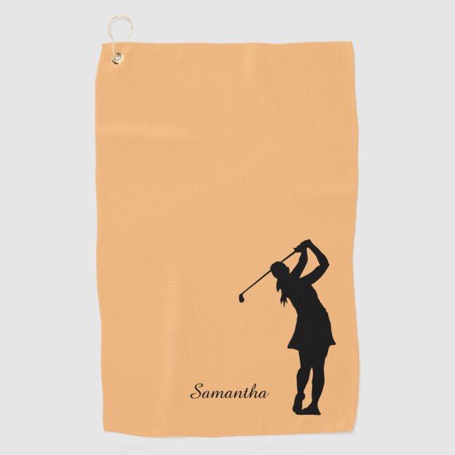 Toalla De Golf Monograma de Lady Golfer Silhouette Black Naranja (Anverso)