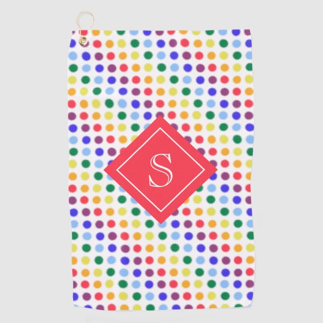 Toalla De Golf Monograma de los puntos rojos del arco iris de los (Anverso)