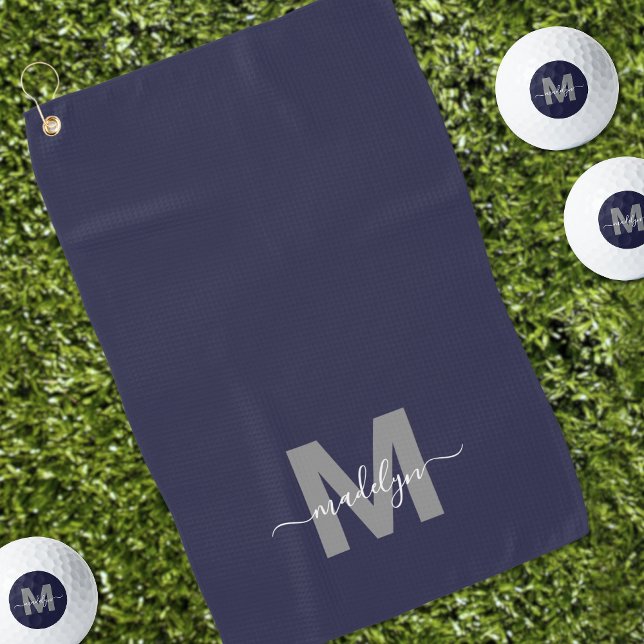 Toalla De Golf Monograma de nombre inicial azul marino (Navy Blue Initial Name Monogram Golf Towel )