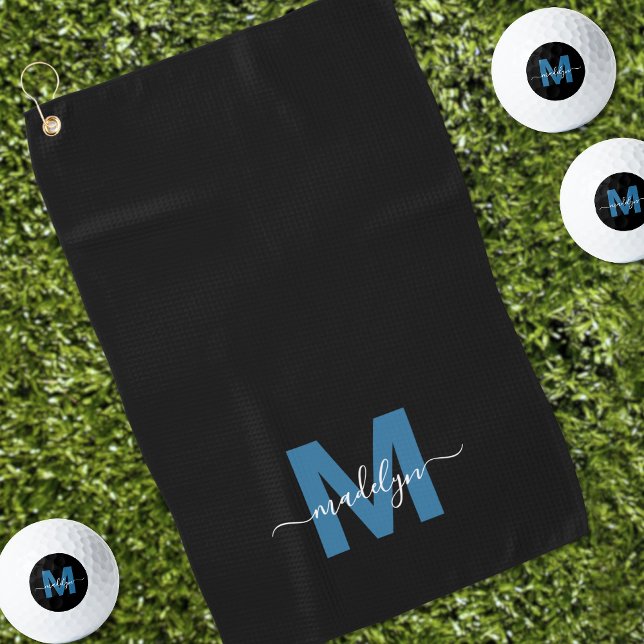Toalla De Golf Monograma de nombre inicial azul personalizado (Personalized Blue Initial Name Monogram Golf Towel)