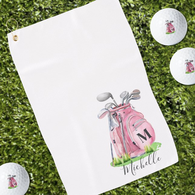 Toalla De Golf Monograma de nombre inicial de color rosado (Girly Pink Initial Name Monogram Golf Towel )