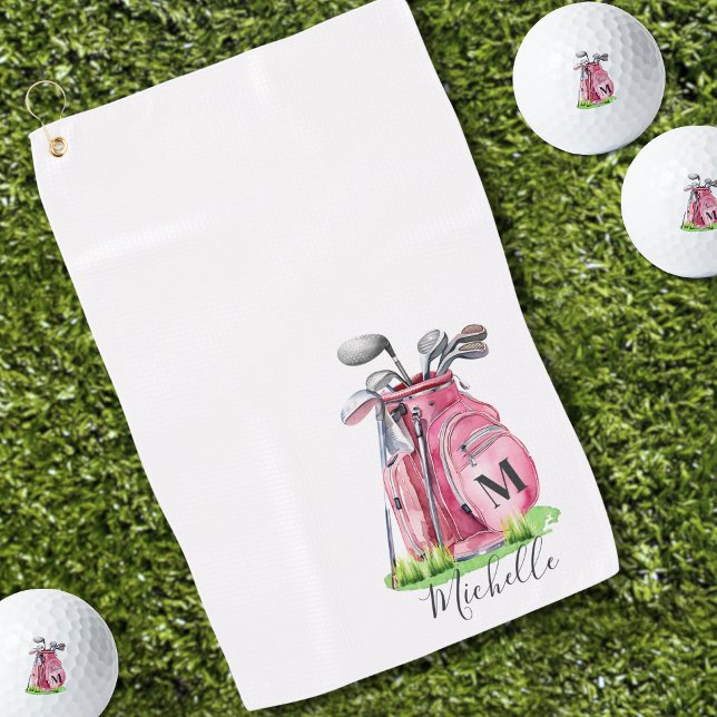 Toalla De Golf Monograma de nombre inicial rosado (Pink Initial Name Monogram Golf Towel)