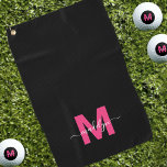 Toalla De Golf Monograma de nombre inicial rosado negro<br><div class="desc">Cree Su Propia Toalla De Golf Monograma Personalizado Personalizada Black Modern Script Name. Esta moda, toalla de golf femenina, presenta un elegante diseño de monograma con magenta plana o inicial rosada en un elegante fondo negro y un clásico nombre de escritura negro para un toque personalizado. Impresa por un lado,...</div>
