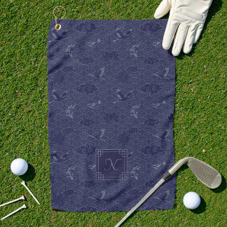 Toalla De Golf Monograma de ola tradicional japonesa azul Seigaih