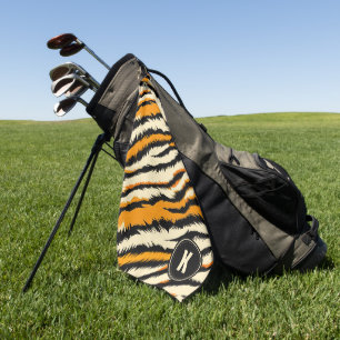 Toalla De Golf Monograma de rayas de tigre negras y naranjas
