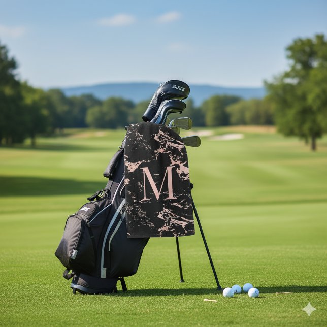 Toalla De Golf Monograma de Rosa de Mármol Negro Girly (Girly Black Marble Rose Gold Foil Monogram Golf Towel)