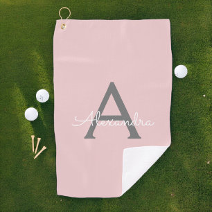 Toalla De Golf Monograma de Rubor Gris rosa moderno con guión de