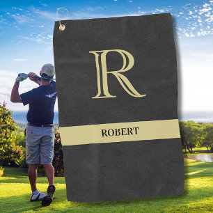Toalla De Golf Monograma de textura de cuero negro oro