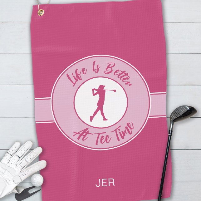 Toalla De Golf Monograma de tiempo de té - Diseño de humor rosa p (Tee Time Golfer Humor Sports Monogram Pink For Her Golf Towel)
