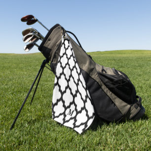 Toalla De Golf Monograma del patrón de cuatrefoil en blanco y neg
