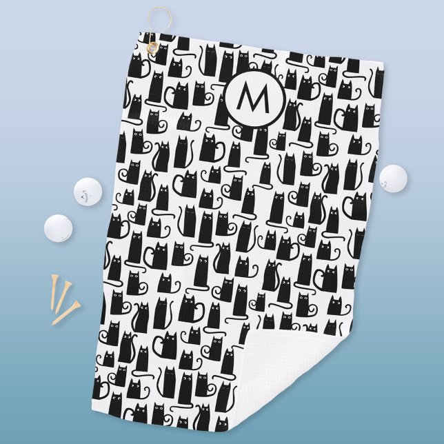 Toalla De Golf Monograma del patrón de gato negro (Fun black cat pattern personalized monogram initial golf towel)