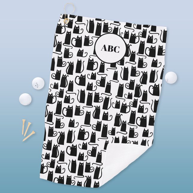 Toalla De Golf Monograma del patrón de gato negro (Fun black cat pattern personalized monogram initials golf towel)