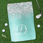Toalla De Golf Monograma del Purpurina plateado Metalizado cepill<br><div class="desc">Personaliza fácilmente este diseño de toallas de golf de moda de moda con un purpurina de imitación brillante de bonito plateado sobre un verde azulado fondo metálico cepillado.</div>