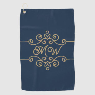 Toalla De Golf Monograma elegante azul marino y oro vintage