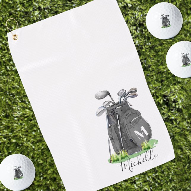 Toalla De Golf Monograma en negro y blanco (Black Initial Name Monogram Golf Towel )