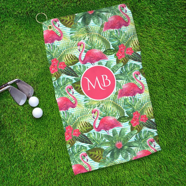 Toalla De Golf Monograma Flamingo Rosado Tropical Giro Floral (Subido por el creador)