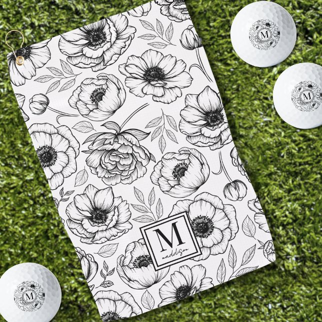 Toalla De Golf Monograma Floral de Iniciales (Elegant Floral Pattern Initial Monogram Golf Towel)