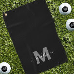Toalla De Golf Monograma Inicial Nombre Blanco Negro<br><div class="desc">Crea tu propia toalla de golf personalizada con monograma de nombre en letra cursiva negra moderna. Esta elegante toalla de golf femenina presenta un diseño de monograma con una inicial blanca plana sobre un fondo negro elegante y un nombre en letra cursiva clásica negra para un toque personalizado. Impresa en...</div>