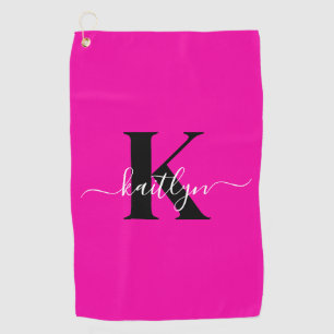 Toalla De Golf Monograma moderno de guión negro rosa caliente