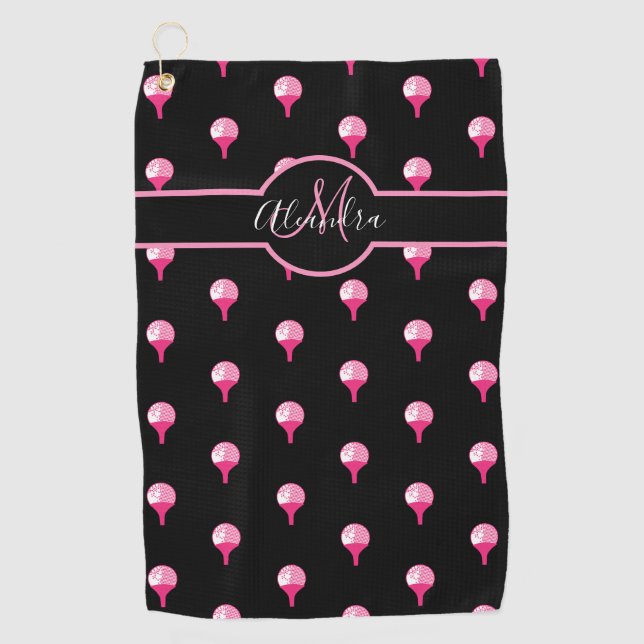 Toalla De Golf Monograma nombre Cute Pink Golf Ball en Tee Black (Anverso)