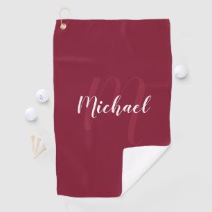 Toalla De Golf Monograma personalizado moderno y nombre rojo borg
