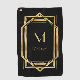 Toalla De Golf Monograma Personalizado Negro y Dorado | Geométric