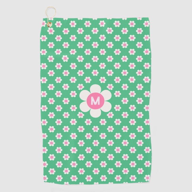 Toalla De Golf Monograma Personalizado Retro Daisies rosa y verde (Anverso)