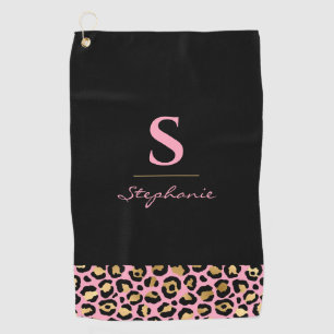 Toalla De Golf Monograma  Rosa y Leopardo Dorado   Bloque de Colo