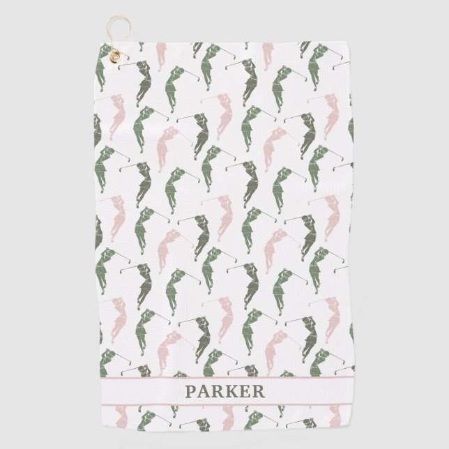 Toalla De Golf Monogramada elegante mujer blanca verde golfer (Anverso)